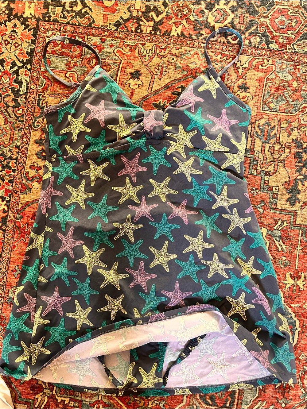 Garnet Hill Classic Starfish Print swim dress in Navy,Teal ,Pink & Yellow EUC